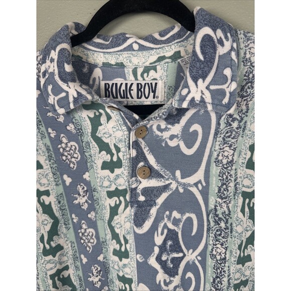 Vintage 90s Bugle Boy Polo Abstract Print Geometric Pattern Size Large Blue Camp - Picture 3 of 8